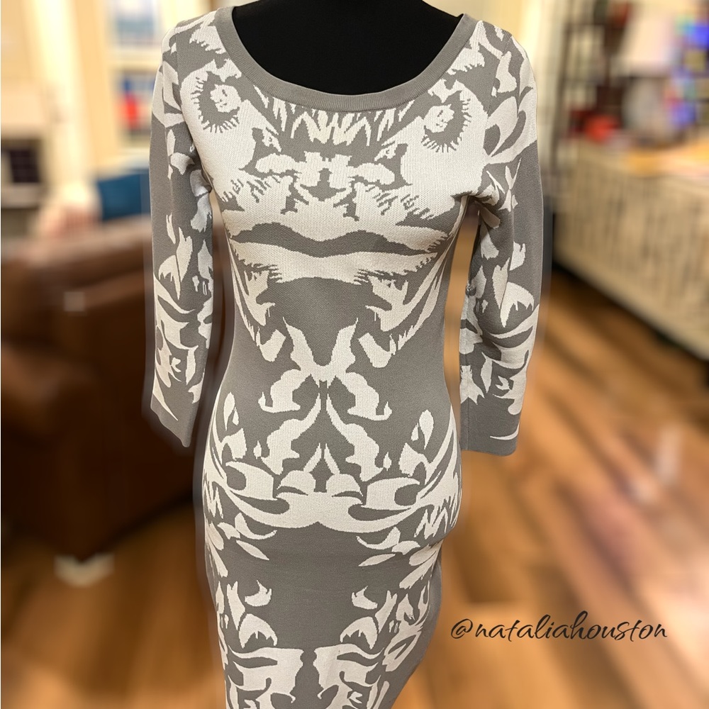 LINE KNITWEAR INT. Bodycon Bandage Long Sleeve Dress in Grey.